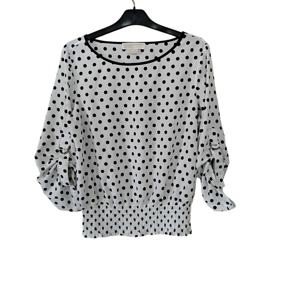 Michael Michael Kors Polka Dot Blouse White Black Smocked Hem Ring Sleeve PM